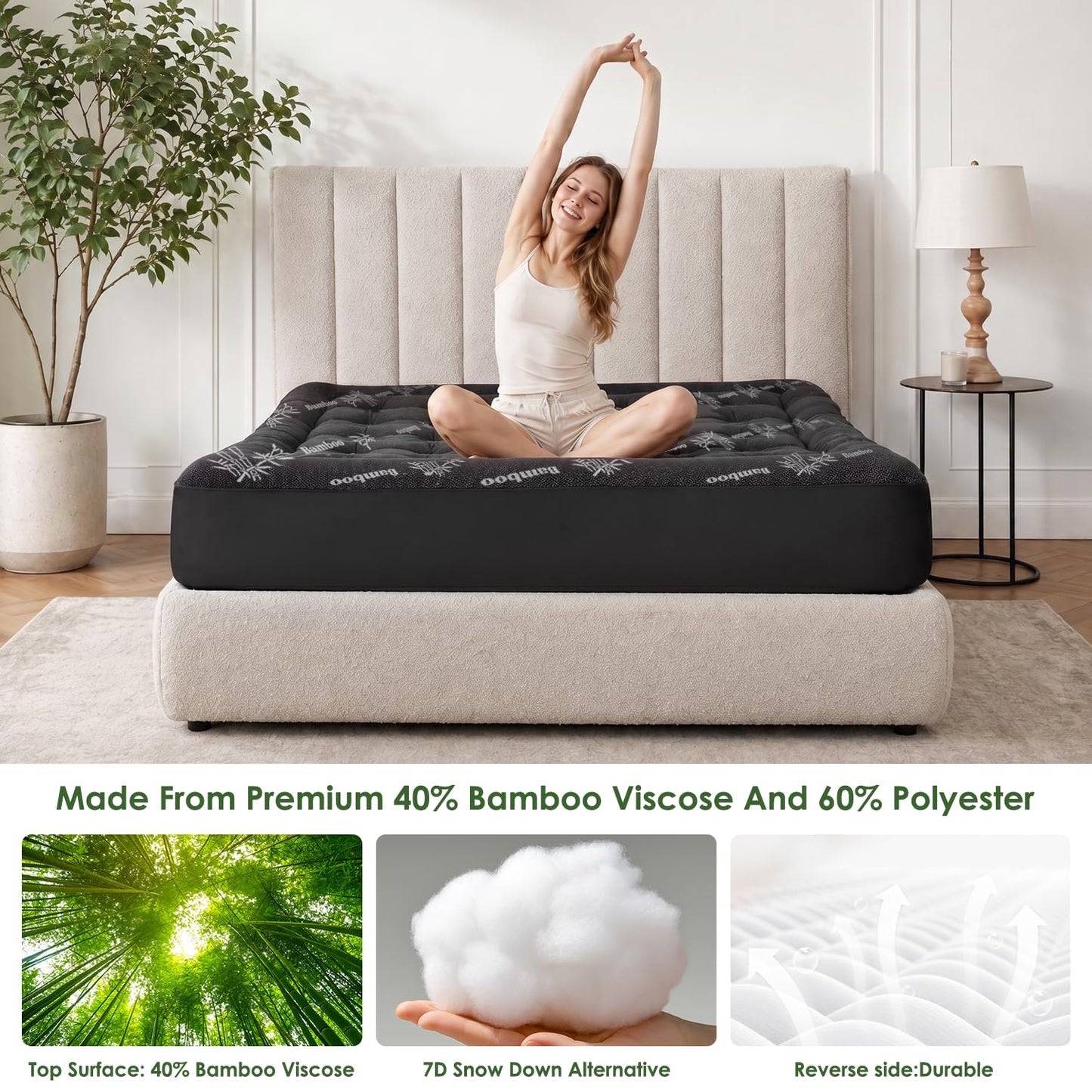 Cooling Bamboo Mattress Topper - Soft Pillow Top & Deep Pocket