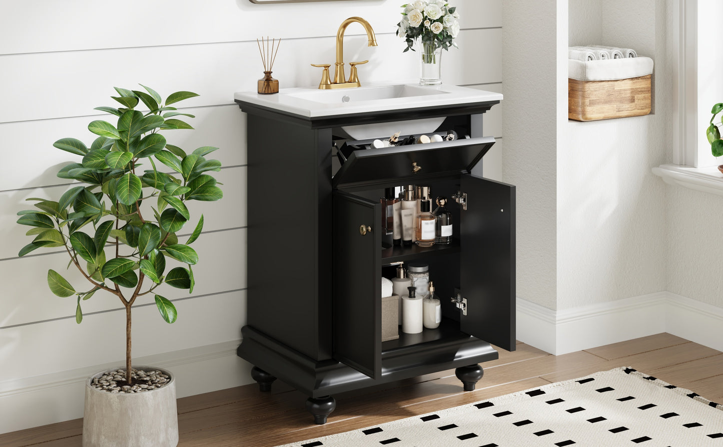 24" Black Modern Bathroom Vanity with Tip-Out Drawer & Soft-Close Hinges