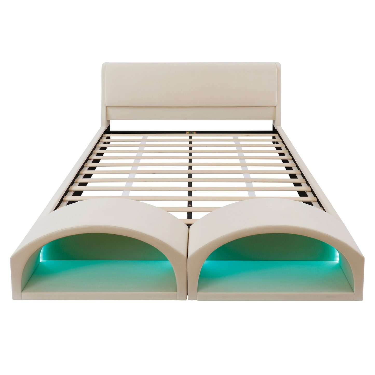 Queen Size Upholstered Platform Bed Frame with Dual Cat Caves & LED Pet Nests - Beige