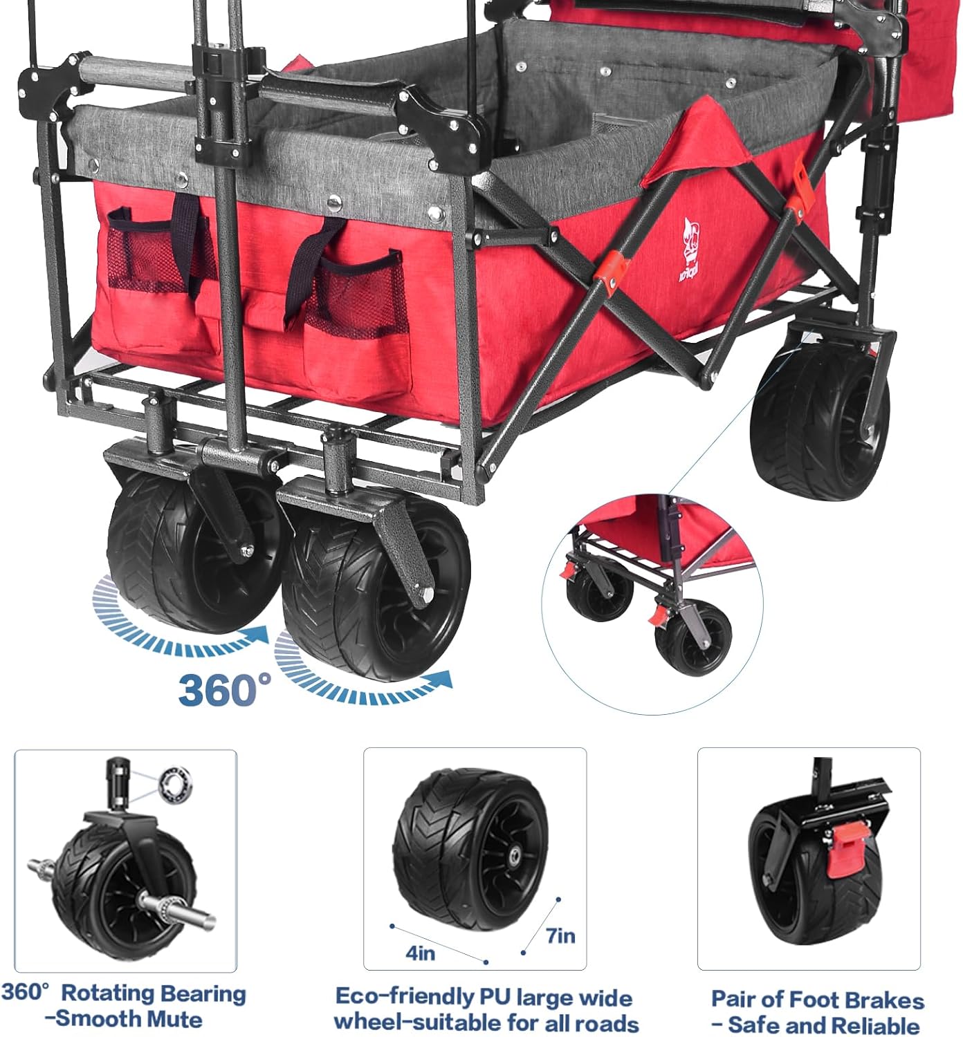 Collapsible Folding Wagon with Canopy & Cooler Bag - Red & Gray