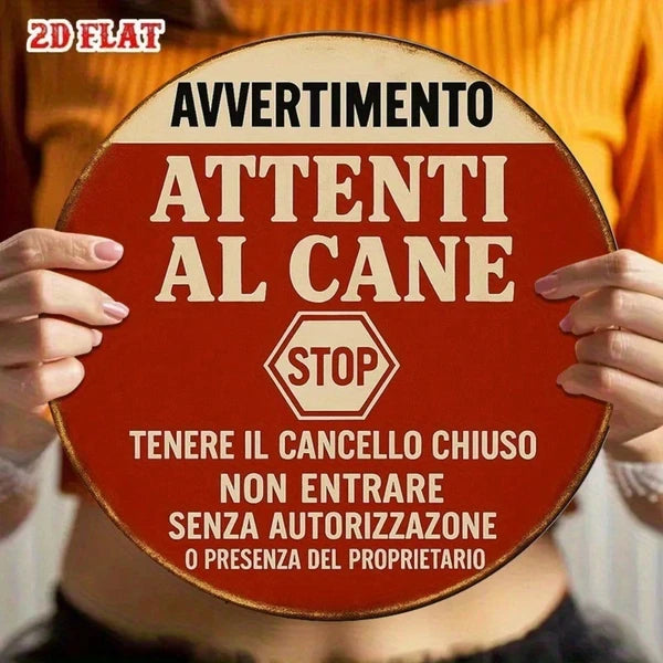 Vintage Italian Beware Of Dog Metal Sign - 8-Inch Round Plaque