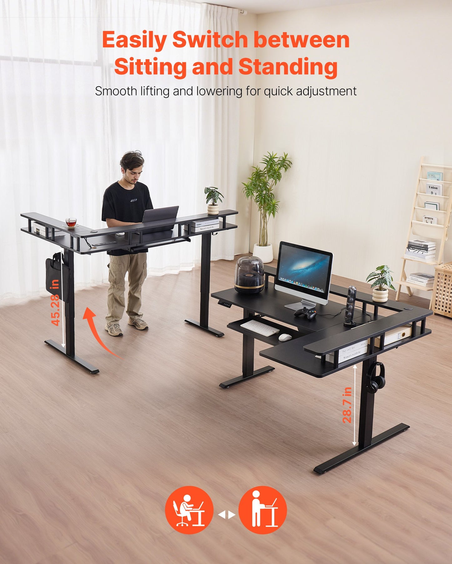 Electric Height Adjustable L-Shaped Corner Desk with Keyboard Tray