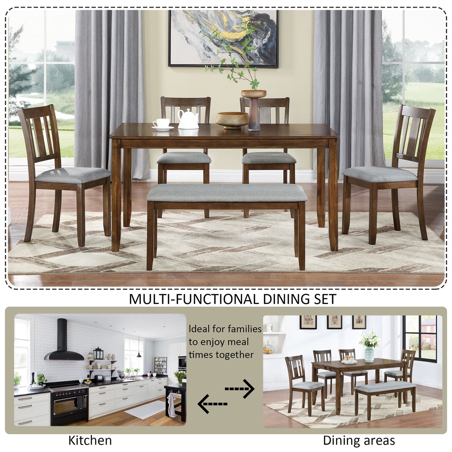 6-Piece Wooden Dining Set with Upholstered Chairs & Bench - Walnut