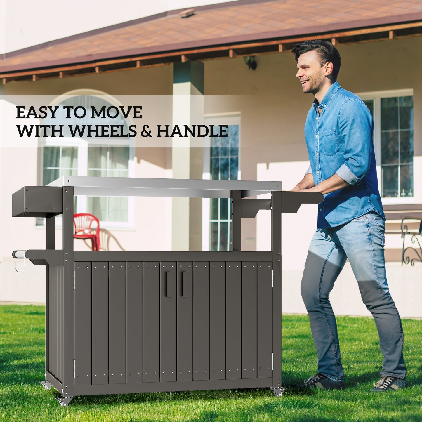 Outdoor Bar Cart - Stainless Steel Top, HDPE Storage, Wheeled - Dark Gray