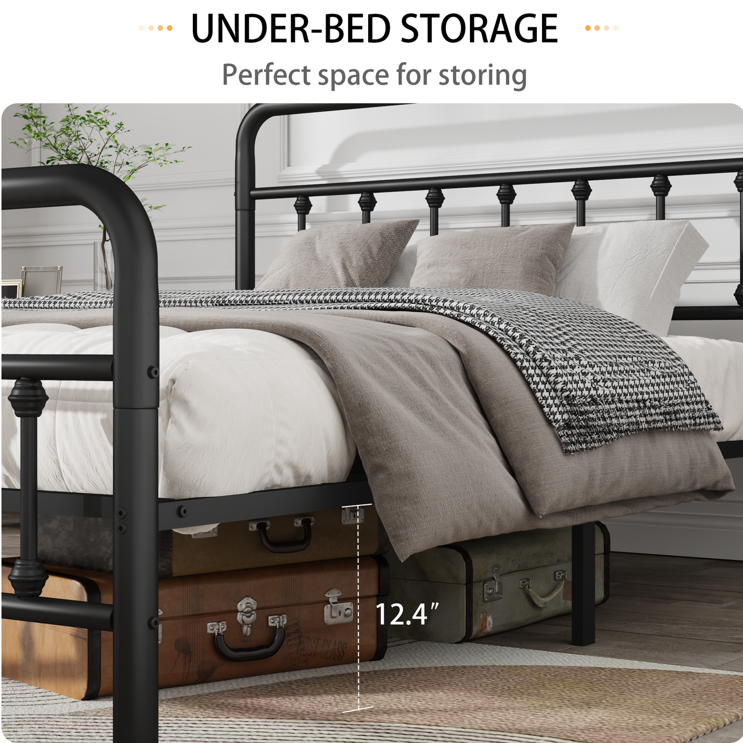 Queen Size Metal Bed Frame with Headboard - Black