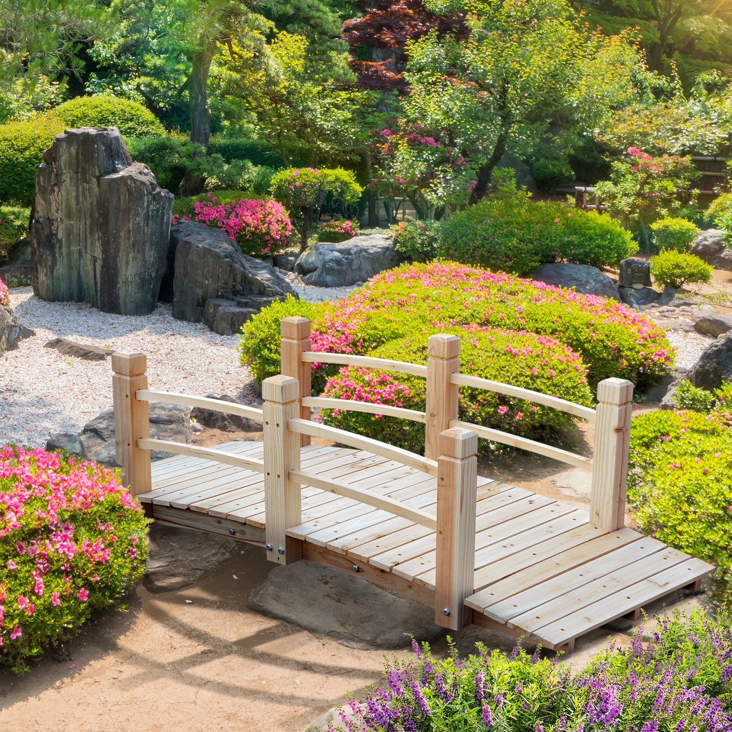 5 ft Wooden Garden Bridge Arc Footbridge with Railings - Natural Wood