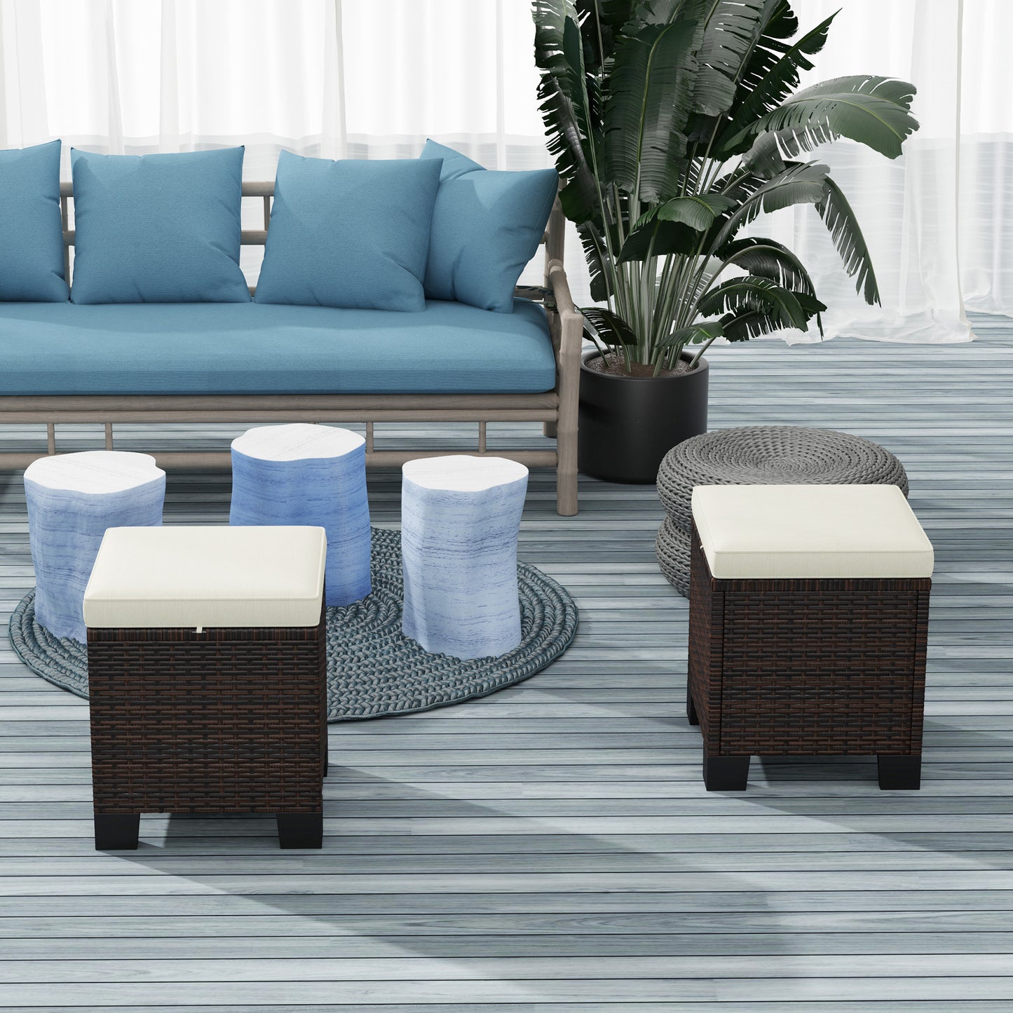 2 Piece Outdoor Wicker Ottomans with Cushions - Beige