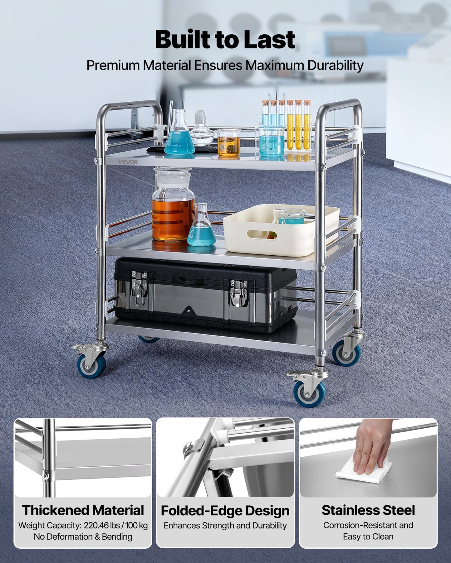 Stainless Steel Utility Cart with Locking Wheels - Heavy Duty 3-Tier Service Trolley