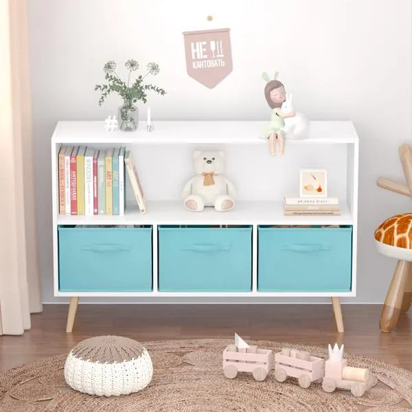 Kids Bookcase with Fabric Drawers - White/Blue Toy Organizer