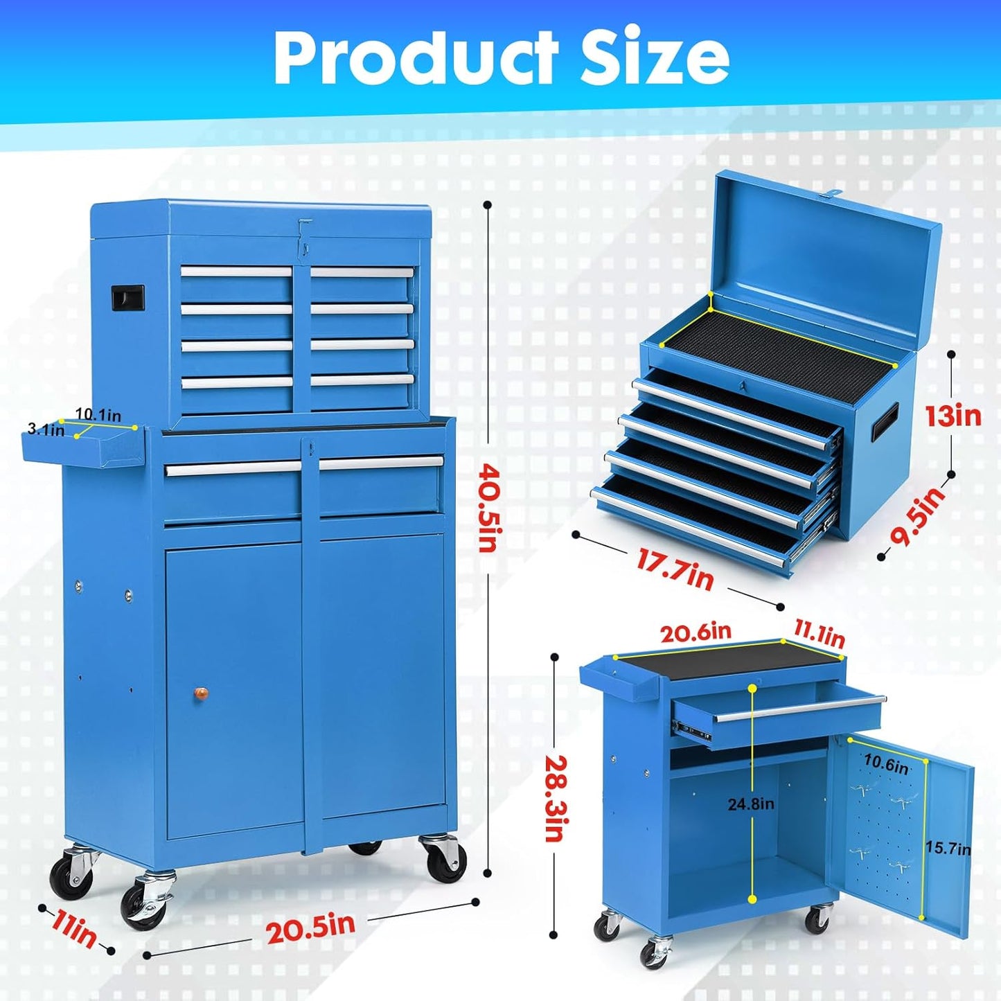 5-Drawer Rolling Tool Chest with Lockable Storage and Wheels, Garage Organizer - Blue