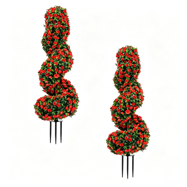 2 Pack Faux Spiral Shrub - Lifelike All-Weather Artificial Plant - Red