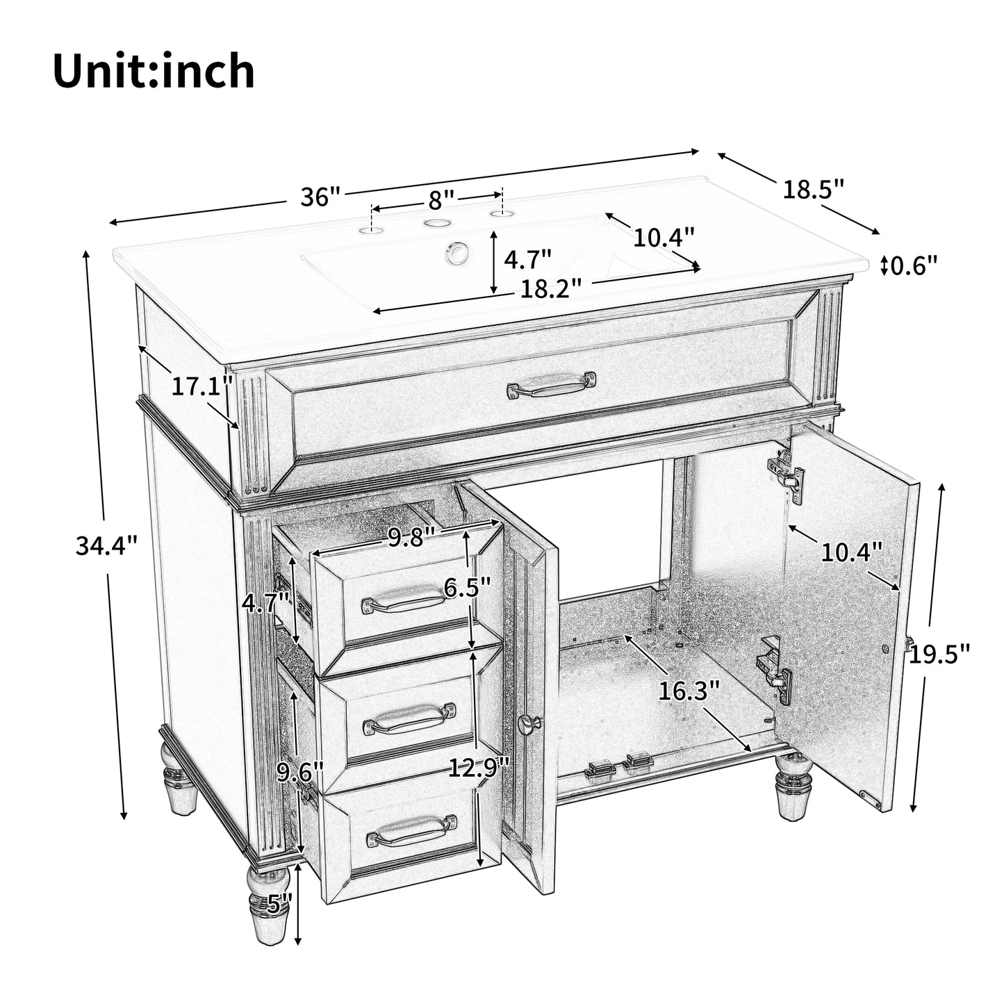 36" Bathroom Vanity with Sink, Black Cabinet & Drawers
