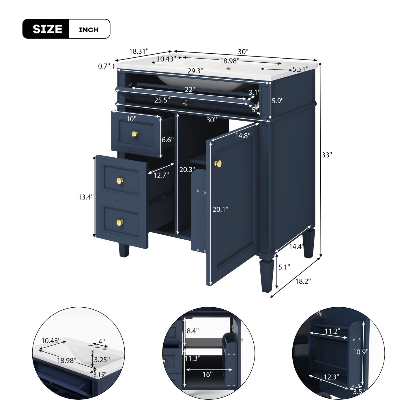 30'' Blue Bathroom Vanity with Ceramic Sink & Storage Drawers