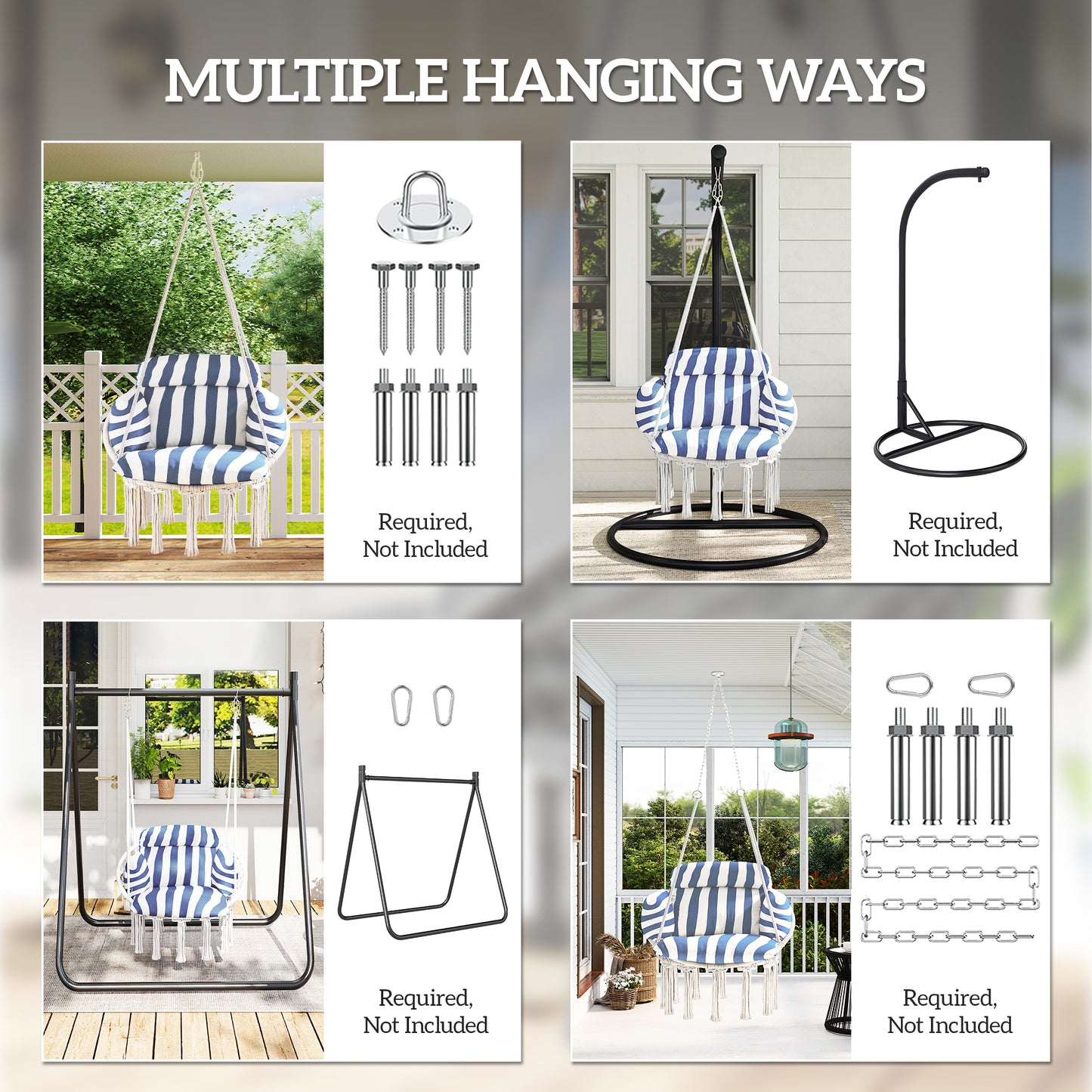 Macrame Hanging Hammock Chair with Large Cushion - Blue & White