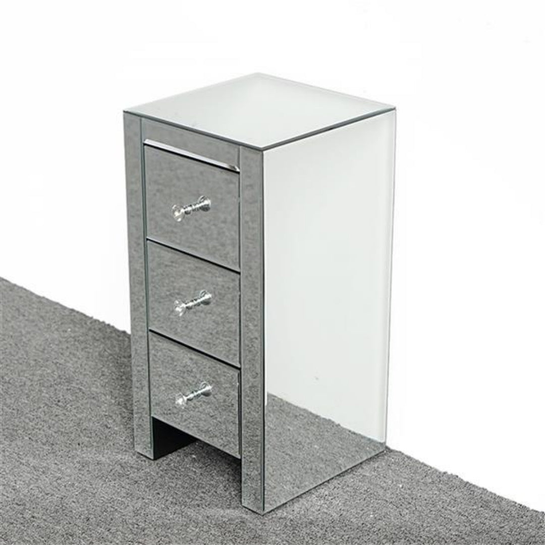 Mirrored Glass Bedside Table with 3 Drawers - Silver