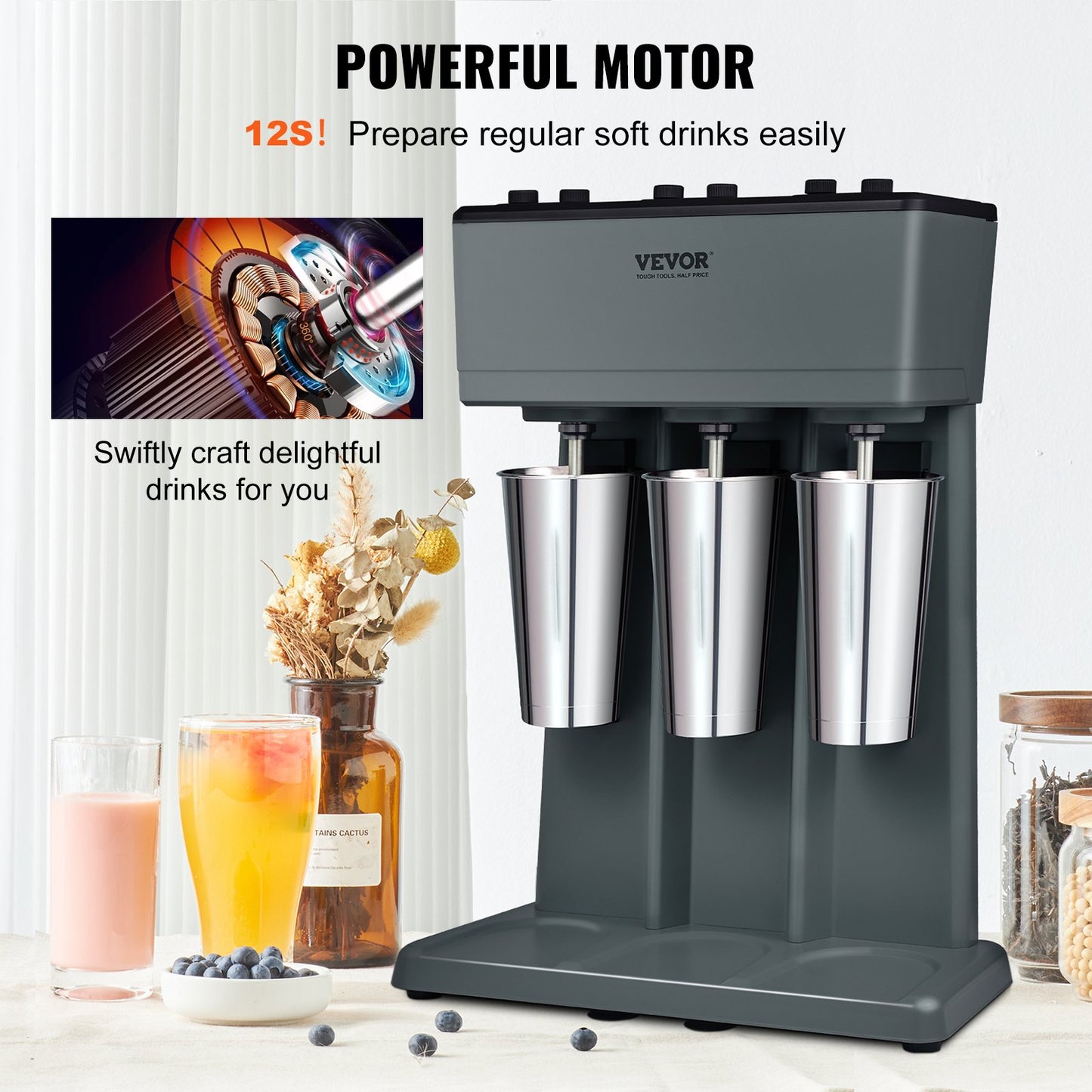 Electric Milkshake Maker 375W 3-Speed Commercial & Home Drink Blender with 3 Stainless Steel Cups