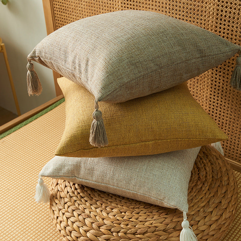 Japanese Solid Color Cotton Linen Fringe Pillow with Tassels - Home Decor