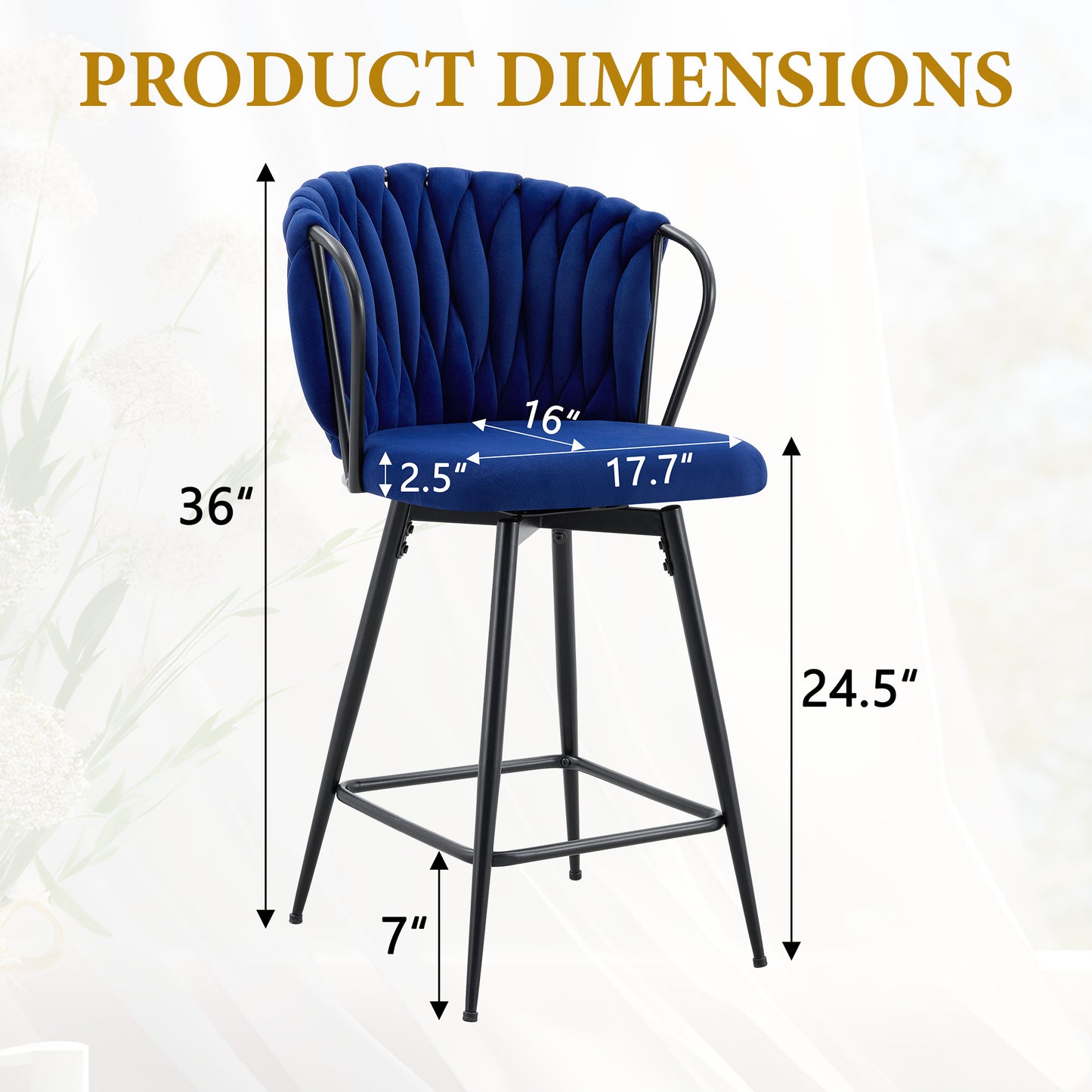 Set Of 2 Modern Velvet Braided Bar Stool With Metal Frame,