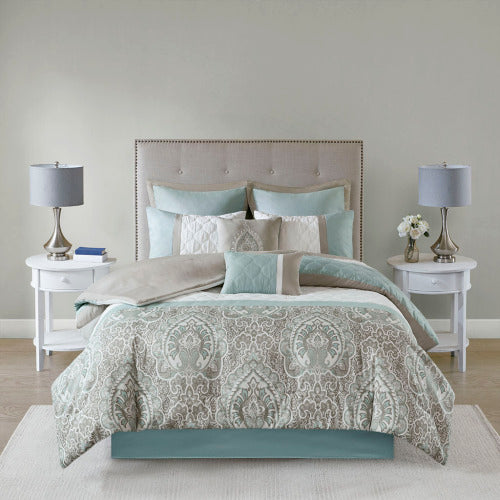 Queen 8 Piece Seafoam Comforter Set - Quilted & Damask Design