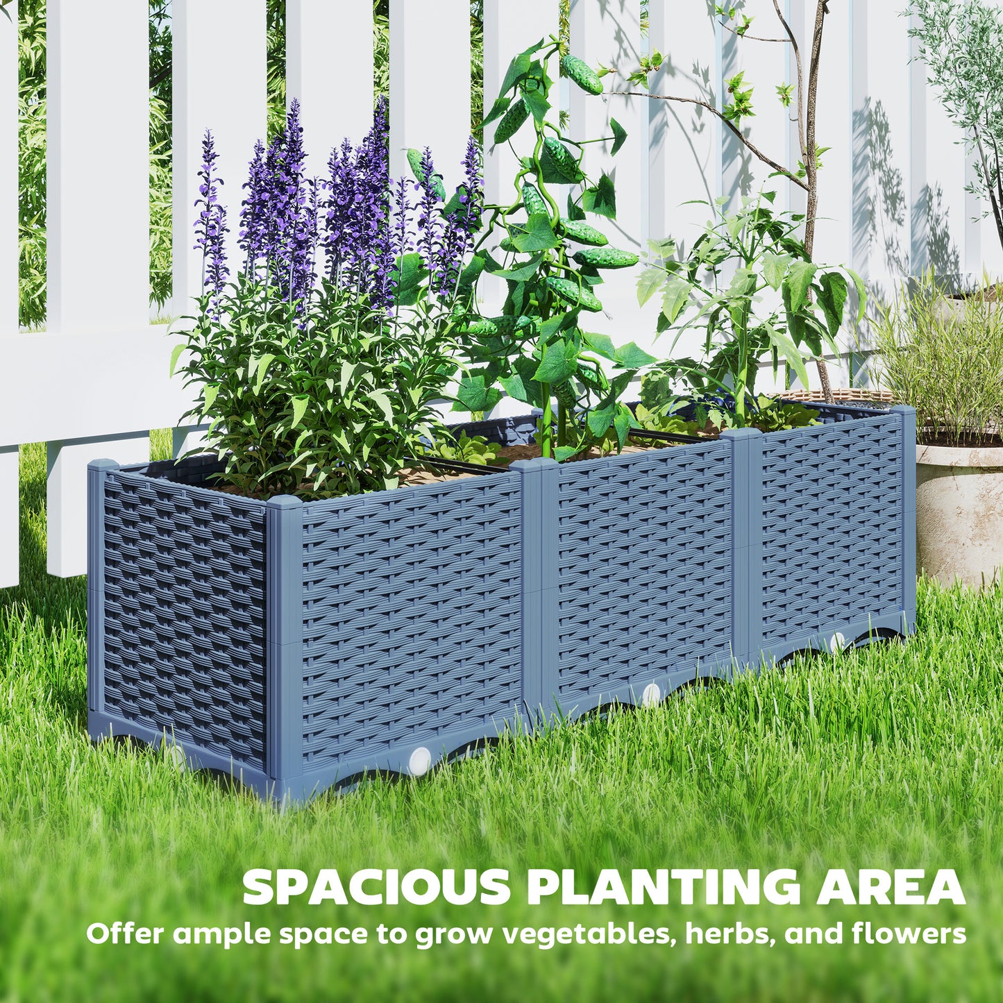 Plastic Raised Garden Bed 4x1x1 ft Outdoor Flower Box with Drainage - Blue