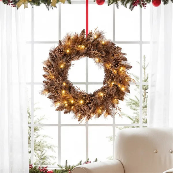 24" Pre-Lit Christmas Wreath with 35 Warm White LEDs and Pine Cones