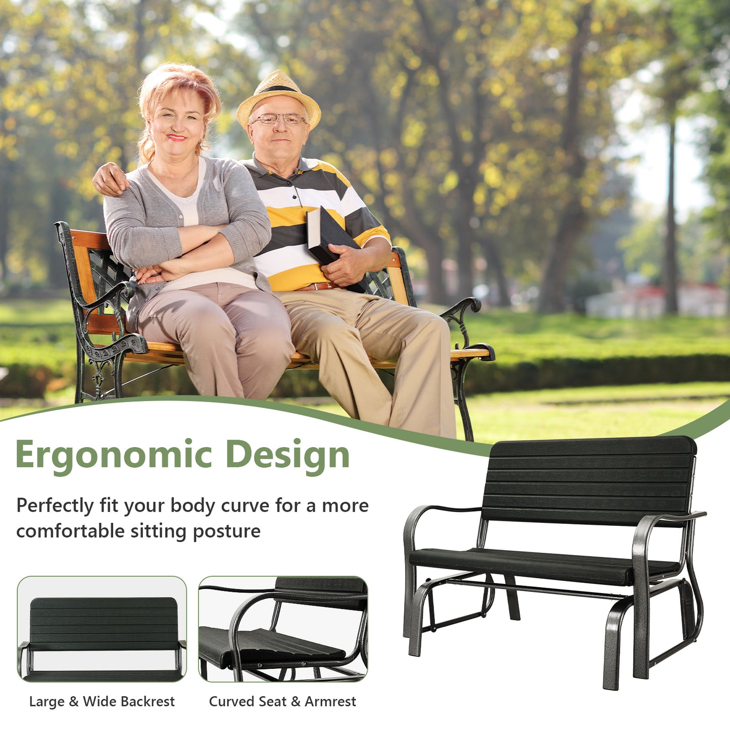 2-Seat Porch Glider with HDPE Back and Steel Frame - Black