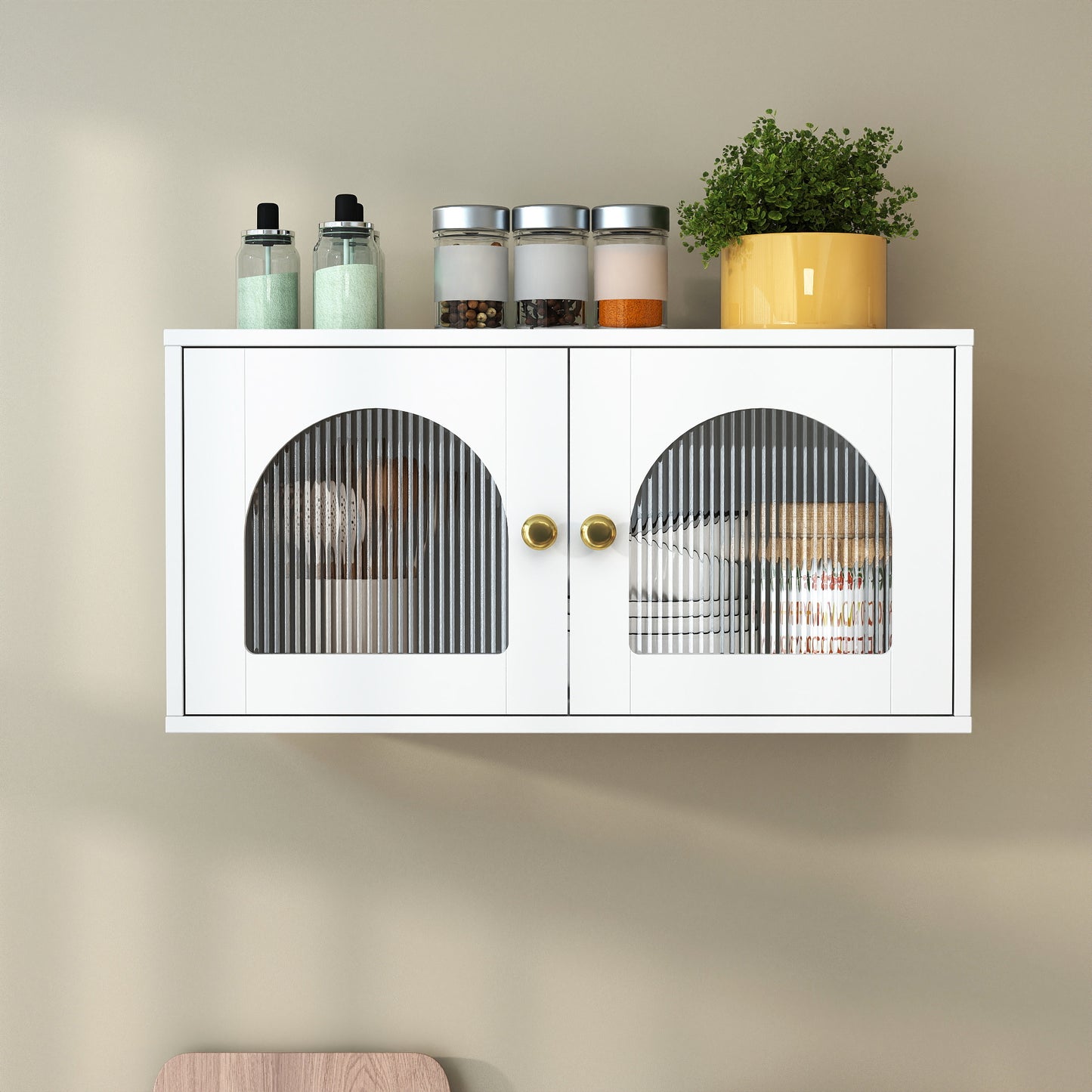Wall-Mounted Glass Door Cabinet - White Floating Storage