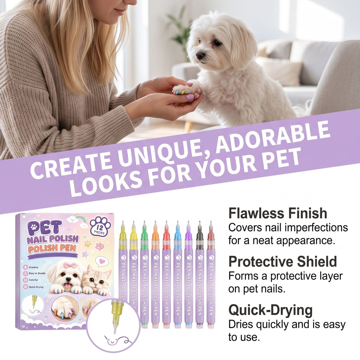 Pet Nail Polish Pen Set - 12 Pieces Dog & Cat Nail Care Tools