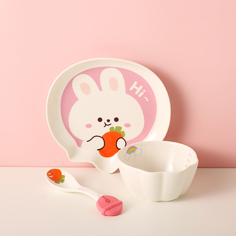 Children's Dinnerware Set with Cartoon Rabbit Design - Plates, Bowls, Cups & Utensils, Multiple Pieces