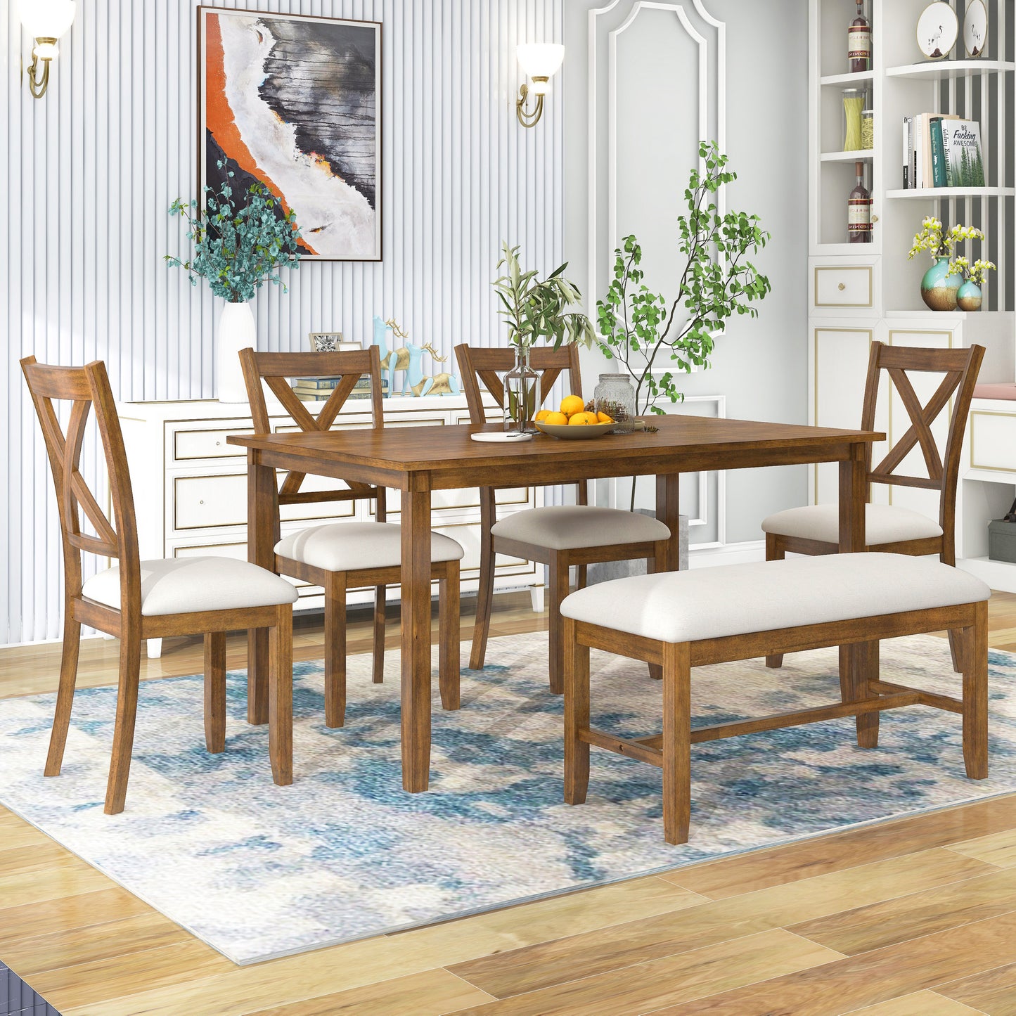 6-Piece Wooden Dining Table Set with Chairs and Bench - Natural Cherry