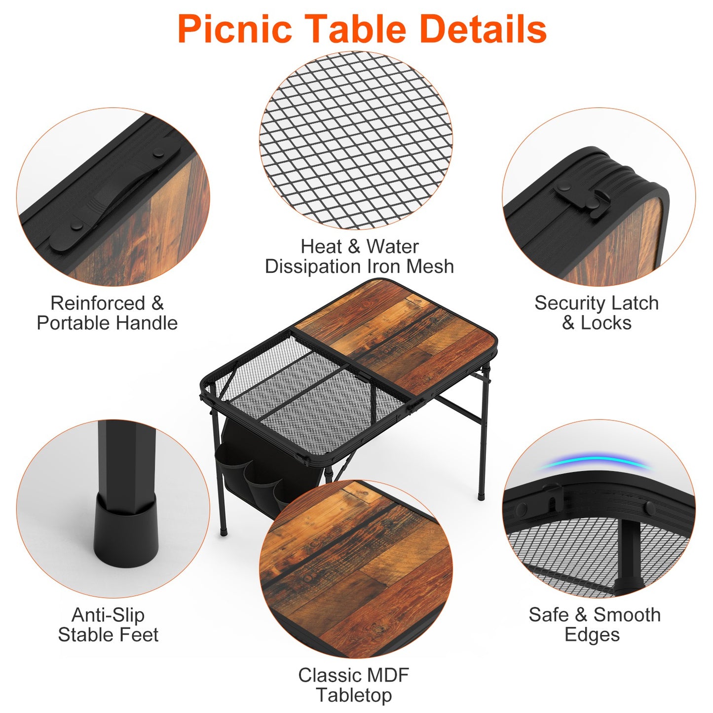 Foldable Camping Table - Adjustable Height, 66LBS Load Capacity
