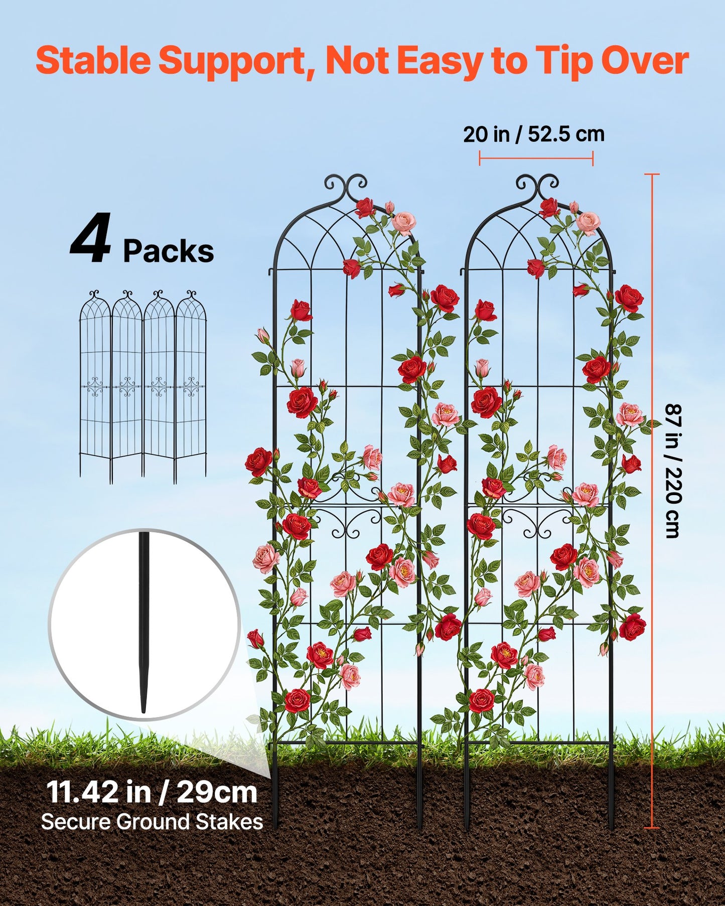 Garden Trellis 87x20 Inch Metal Plant Support Set for Roses Vegetables & Vines