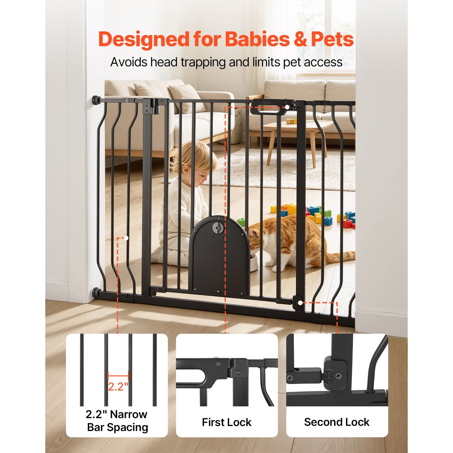 Adjustable Baby Gate for Stairs and Doorways with Cat Door and Mounting Kit