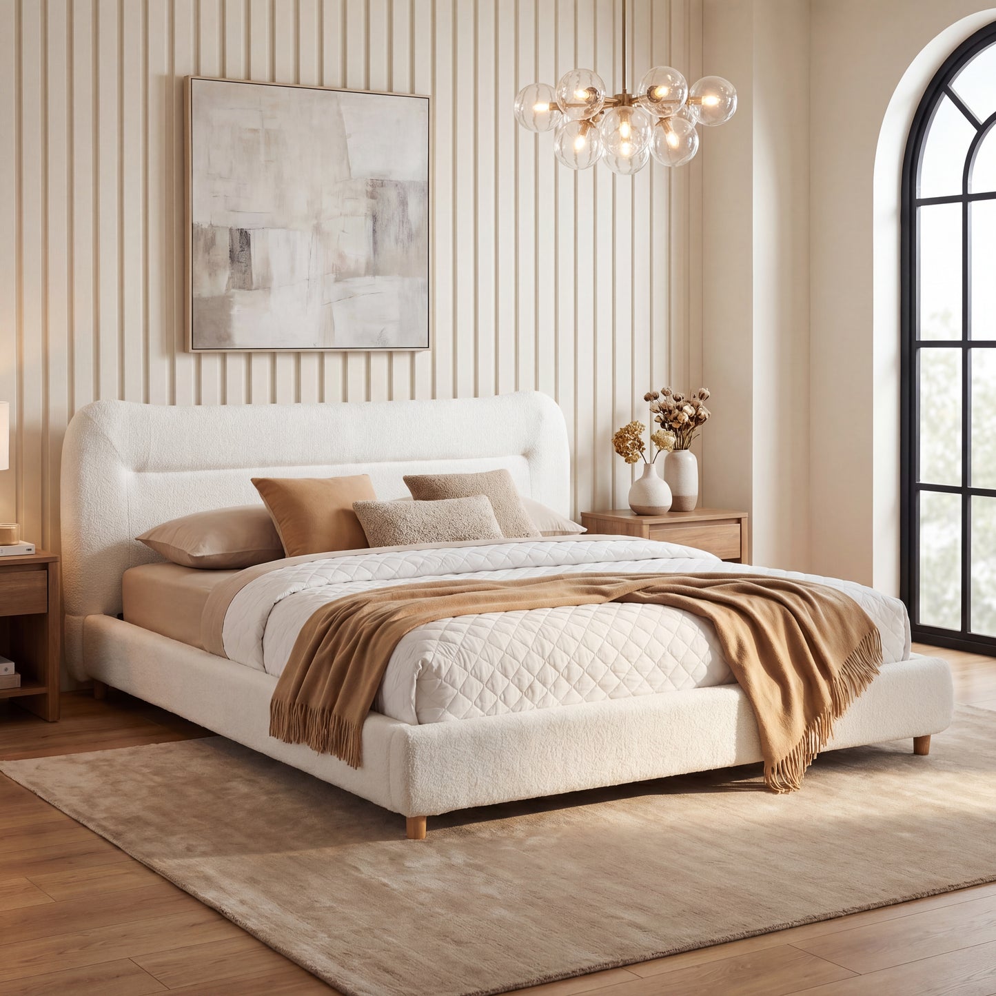 Queen Minimalist Curved Headboard Plush Bed - Cream