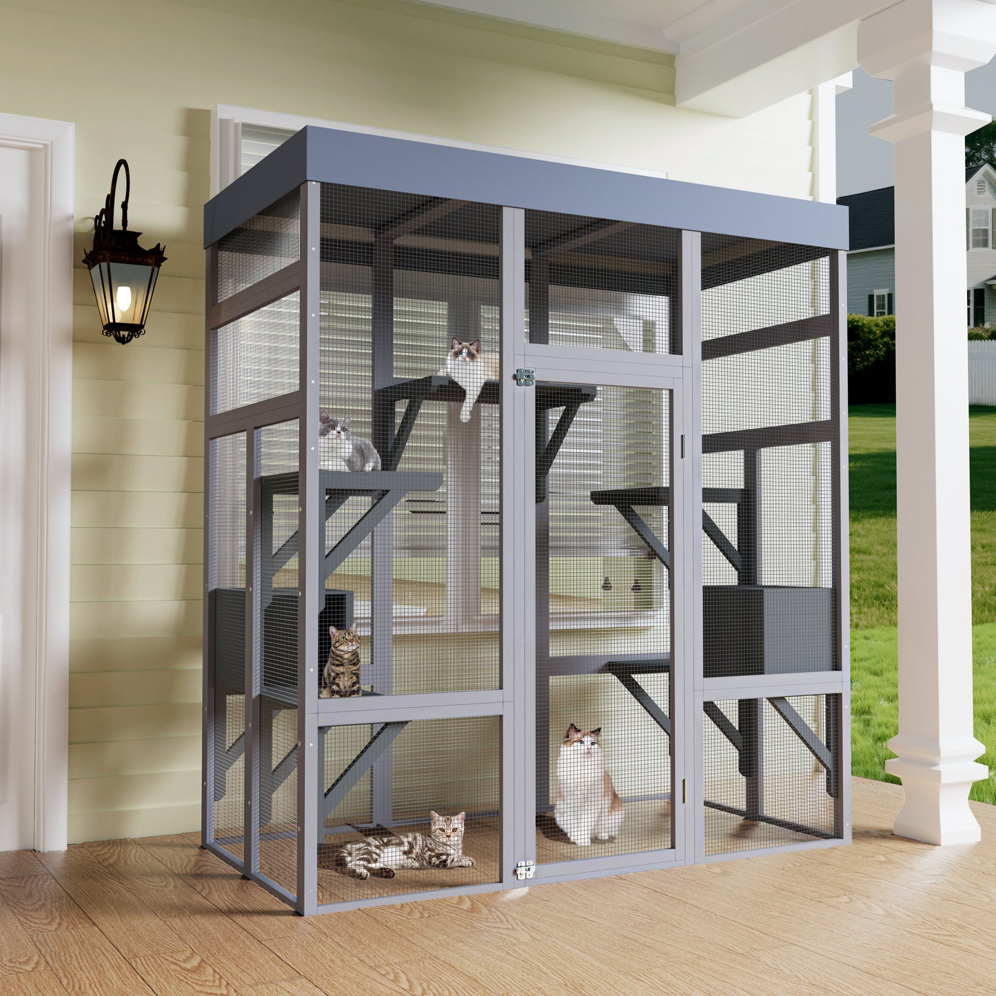 62.6-Inch Wooden Cat Enclosure with Water-Resistant Cover and Multiple Platforms