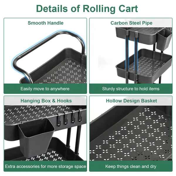 3 Tier Rolling Utility Cart Movable Storage Organizer With Mesh