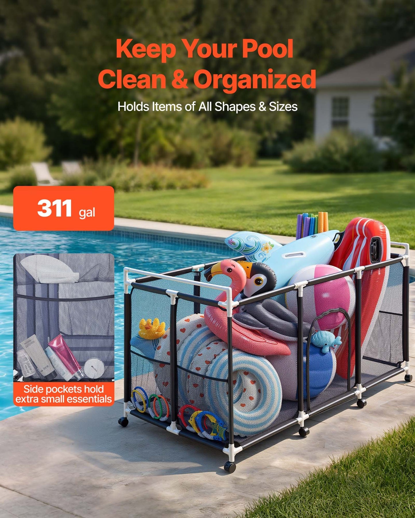 Rolling Pool Storage Bin with Side Pockets - Durable Plastic Organizer for Pool Toys & Noodles, Black
