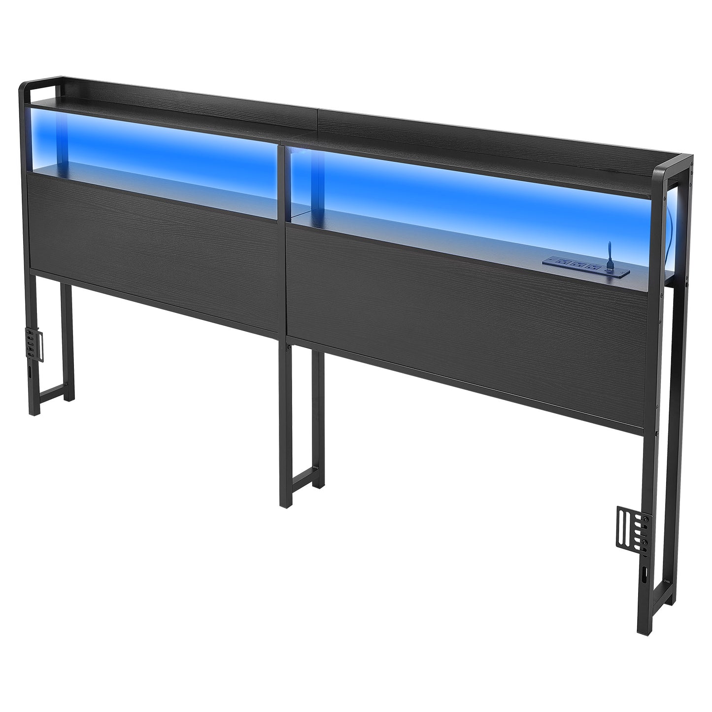 King Size Bed Headboard with Storage Shelves LED Light and Charging Ports