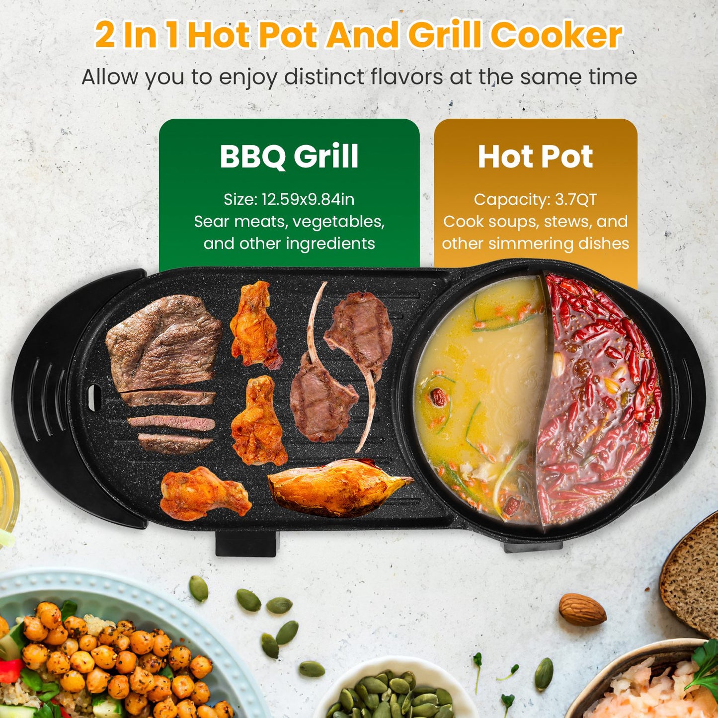 2200W 2-in-1 Electric Hot Pot & BBQ Grill Cooker - Smokeless