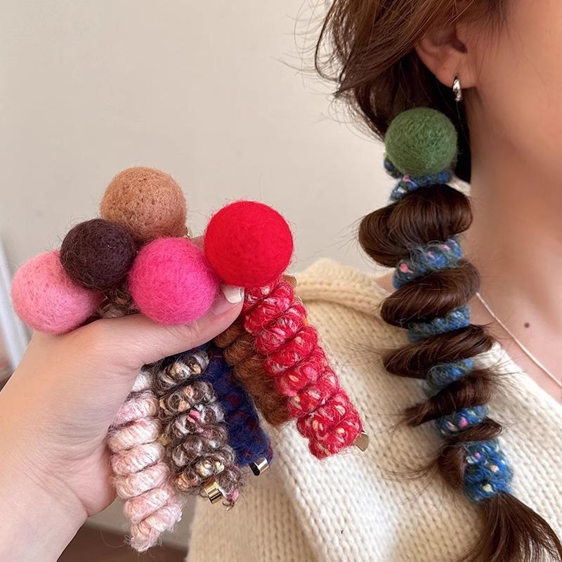 Pom-Pom Phone Cord Hair Tie - Elastic Korean Style