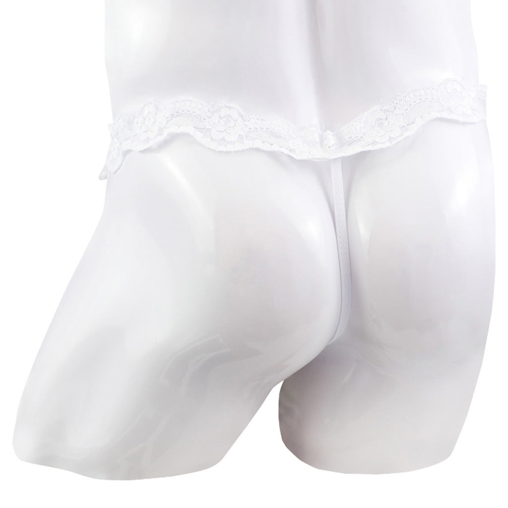 Men's Lace T-Back Underwear - Comfortable White Nylon Briefs