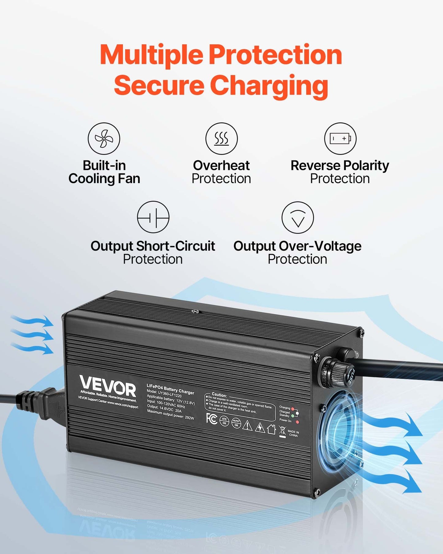 12V 20A Lithium Battery Charger for LiFePO4 Batteries - Smart 14.6V AC/DC