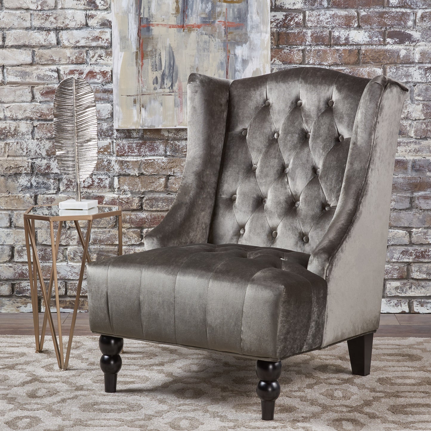 Grey Velvet Hi-Back Club Chair with Wingback Design