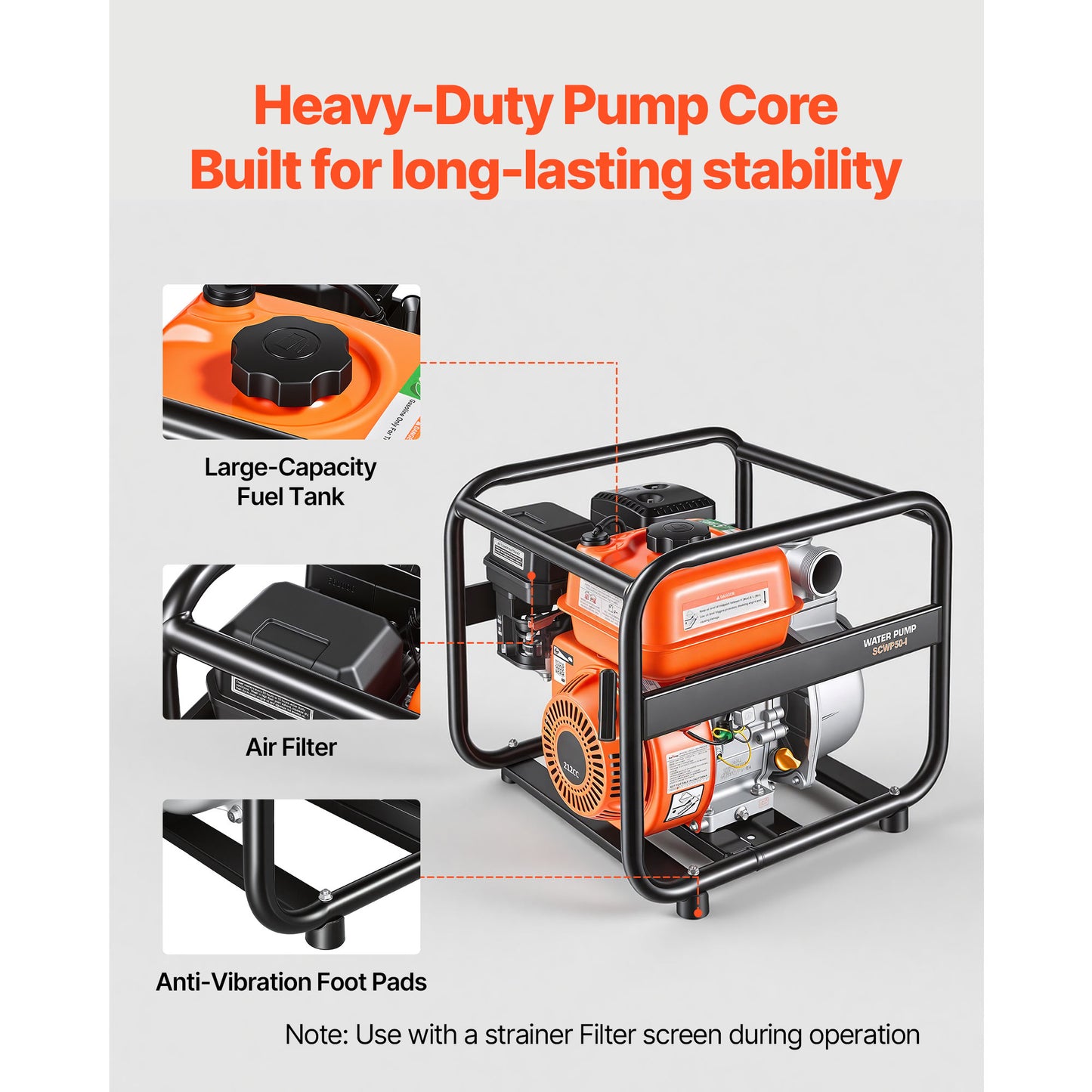 Gas Powered Water Pump 2 In 132 GPM 6.5HP Portable Irrigation & Pond Pump