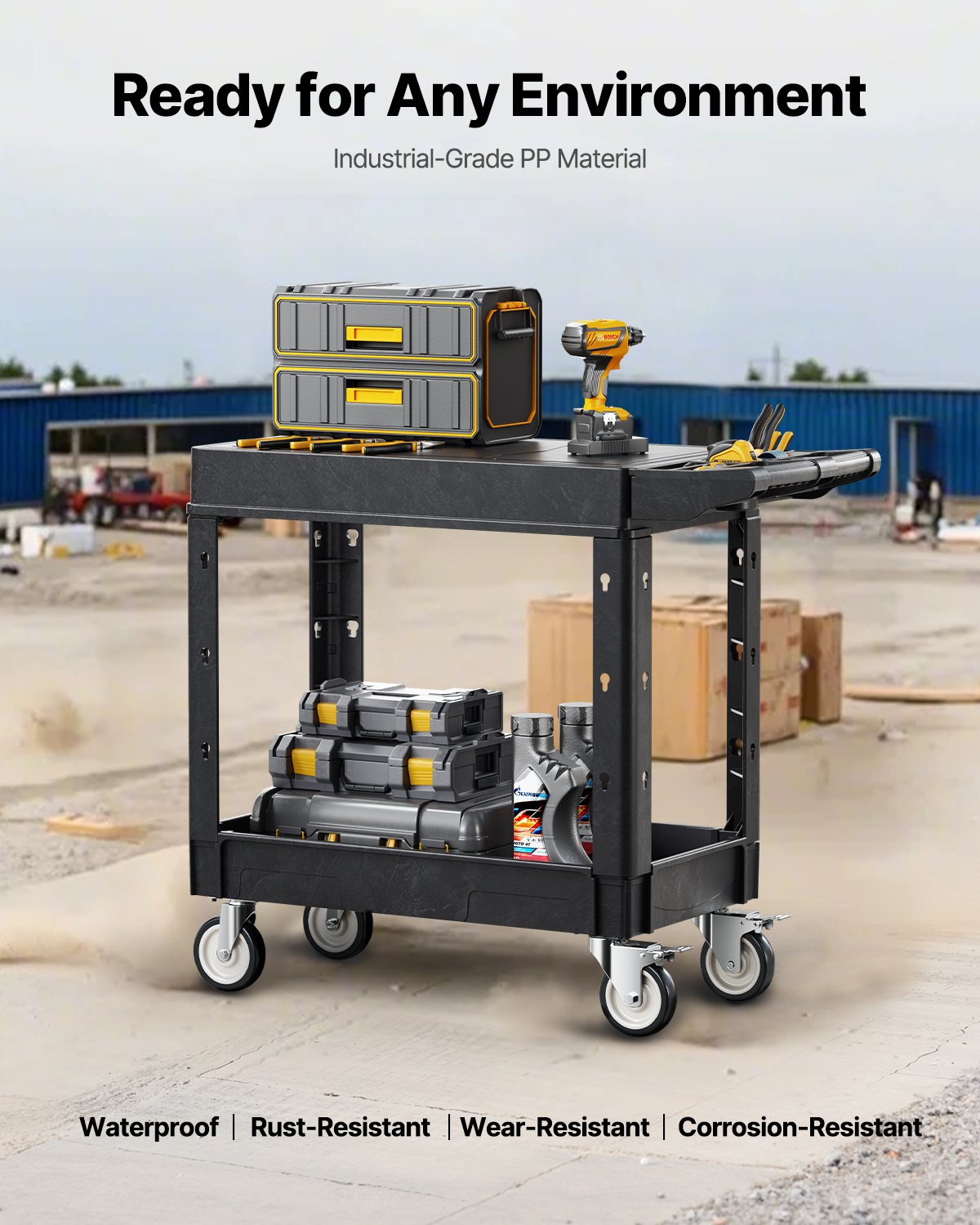 Heavy Duty Utility Cart with 2 Shelves and Wheels - Black, 550 Lbs Capacity