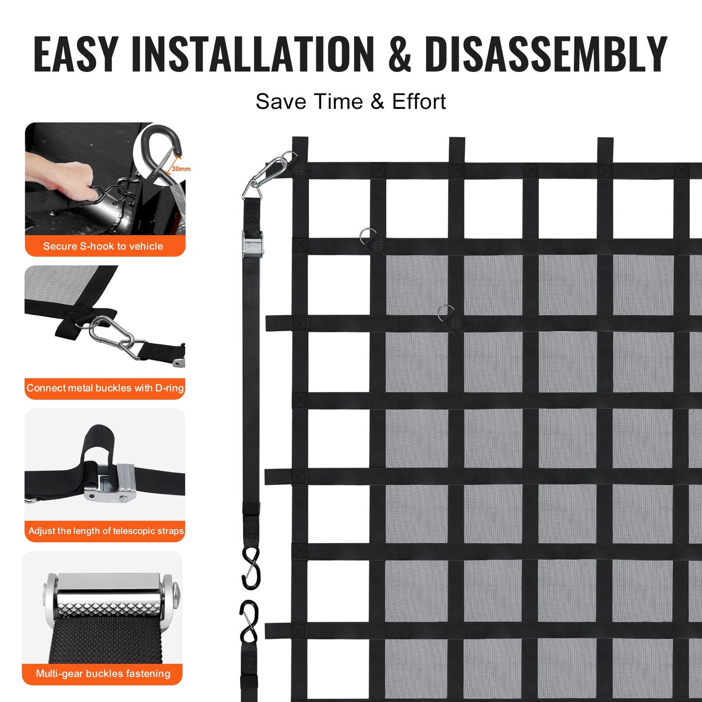 Heavy Duty Cargo Net 72x57 Inches with Adjustable Buckles & S-Hooks for Truck Bed Load Capacity 1500 lbs