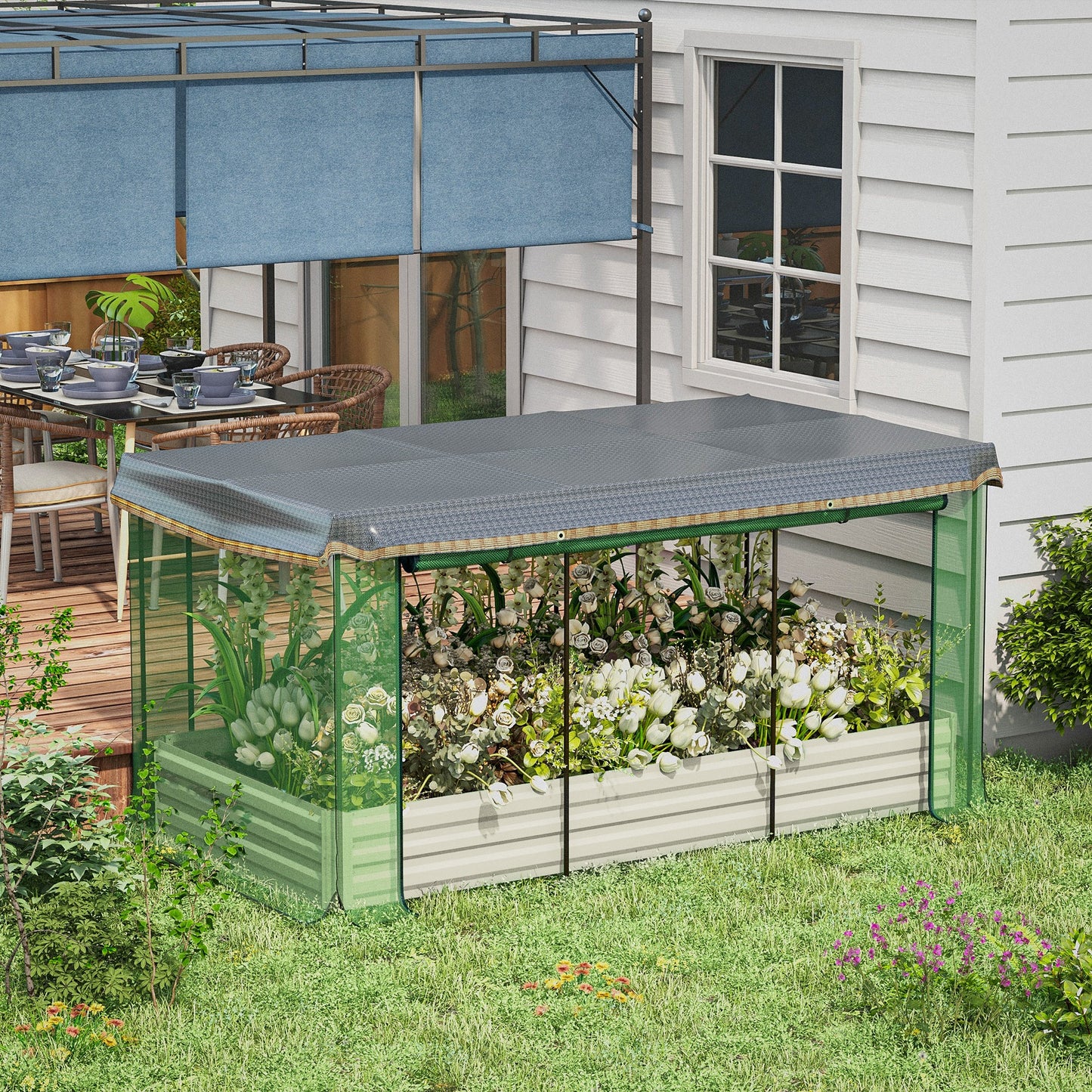 Galvanized Steel Raised Garden Bed with Crop Cage and Shade Cloth - Beige, 1190x360x140mm