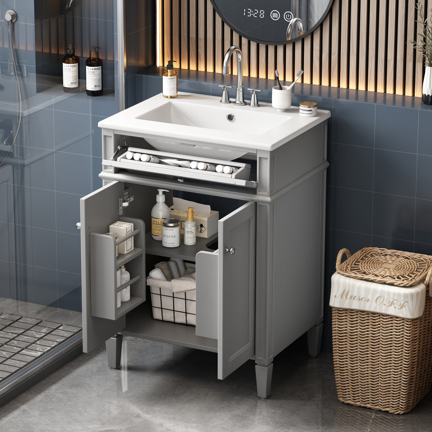 24-Inch Gray Bathroom Vanity with Soft-Closing Doors & Drawer