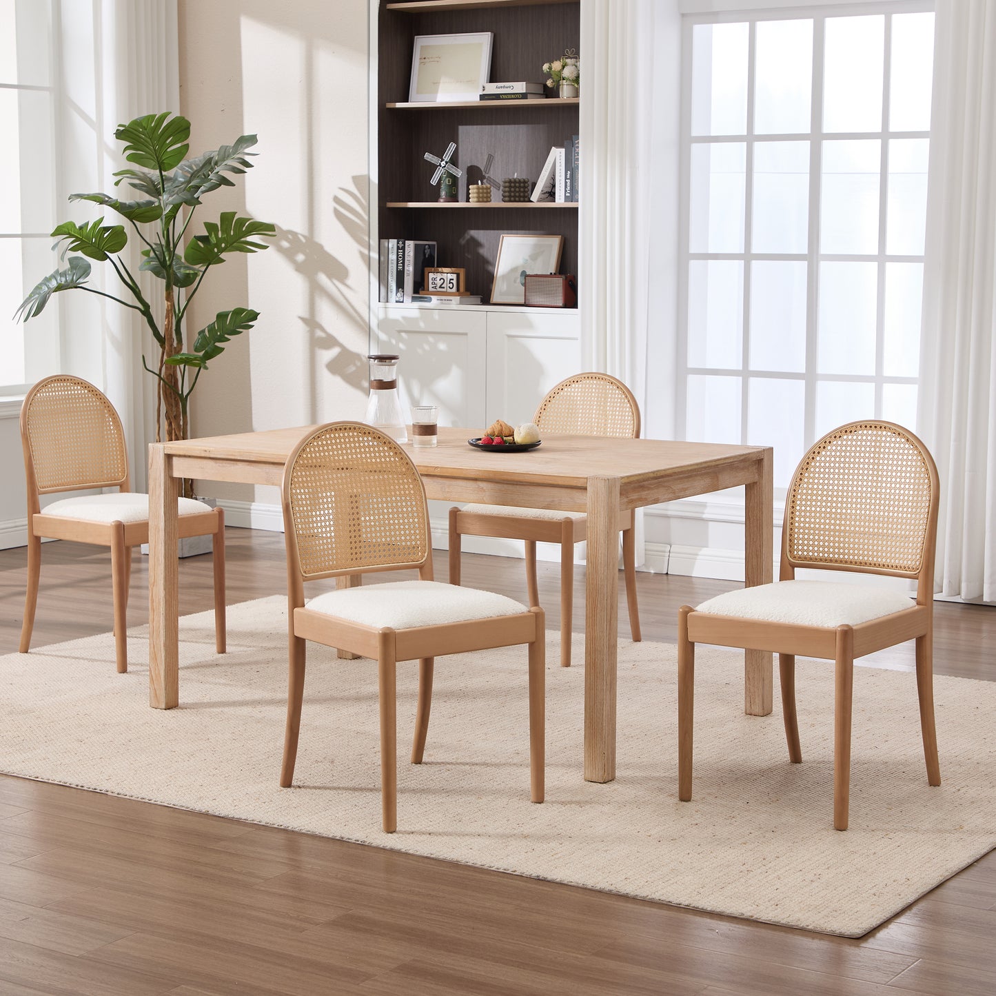 Beige Rattan Dining Chairs Set of 2 - Upholstered Kitchen Seating