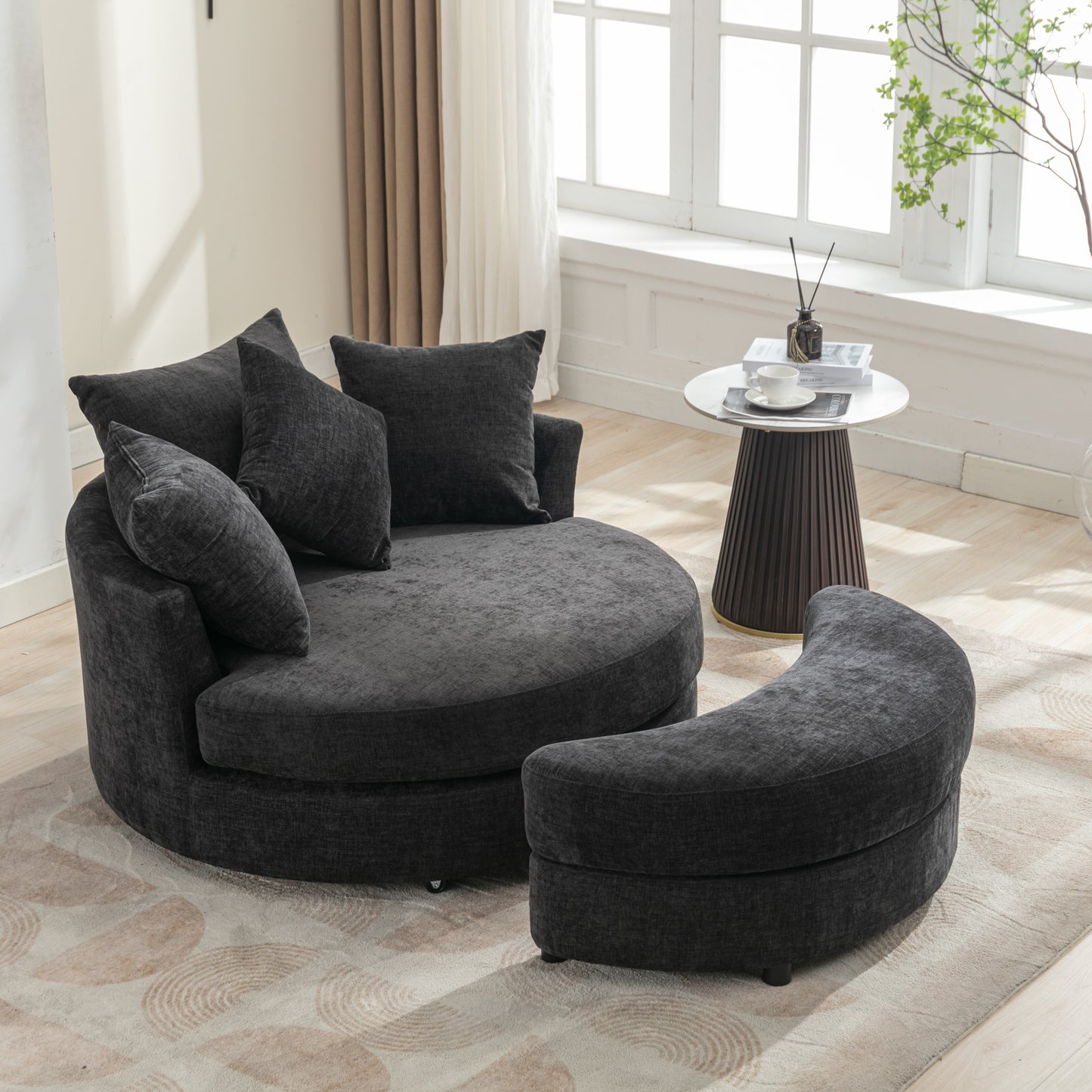 360° Swivel Accent Barrel Chair with Storage Ottoman & 4 Pillows - Gray